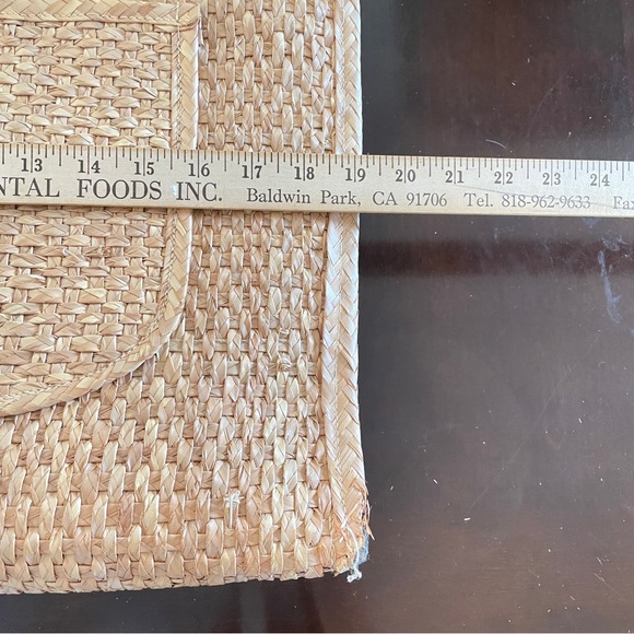 Vtg WOVEN Bag Rare Wicker Briefcase Satchel Button Leather Strap Colored Panels - Picture 9 of 11